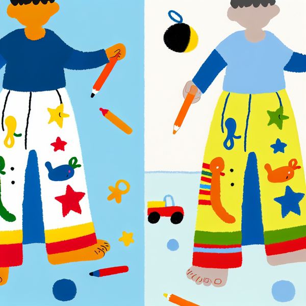 Kleurrijk kind broekje illustratie Minimalistische illustratie van een jong kind in een kleurrijk broekje met sterren en dierenpatronen, speels en gelukkig met speelgoed.