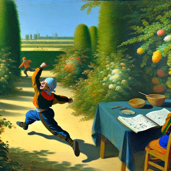 Blij Kind Speelt Buiten Na Huiswerk Een kind dat blij buiten speelt in een zonnige tuin met afgerond huiswerk op een tafel.