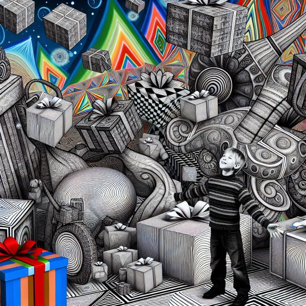 Kind Omringd Door Cadeaus Een kind omringd door kleurrijke en fantasierijke cadeaus in een surrealistisch landschap, met een blije uitdrukking op zijn gezicht.