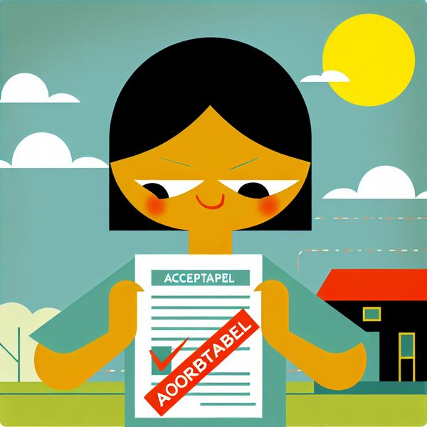 Vrolijk Kind met Acceptatiecontract in Dick Bruna Stijl Illustratie van een kind dat een contract met een grote 'geaccepteerd' stempel vasthoudt, met een puzzelende maar hoopvolle uitdrukking.
