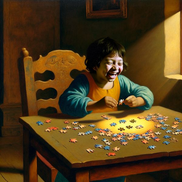 Een kind met een blije uitdrukking voltooit snel een eenvoudig puzzel op een houten tafel, omringd door kleurrijke puzzelstukjes in een Barokke setting.