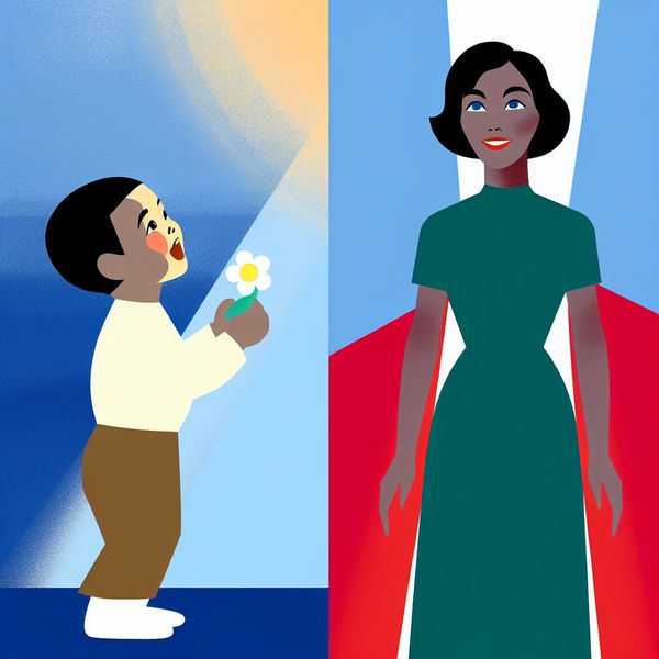 Kind en Volwassene: Symbolen van Groei en Volwassenheid Minimalistische illustratie van een kind dat omhoog kijkt naar een blije volwassene, symboliserend de groei naar volwassenheid.