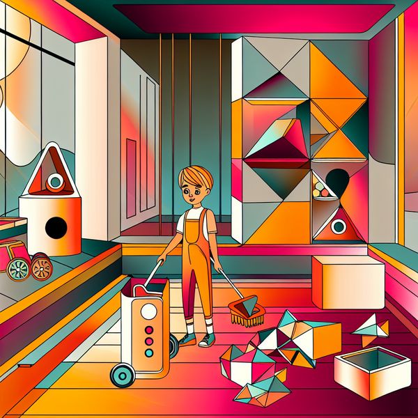 Kind leert goede gewoontes in futuristische slaapkamer Een jonge kind opruimend in een kleurrijke, futuristische slaapkamer vol geometrische vormen en modern meubilair.