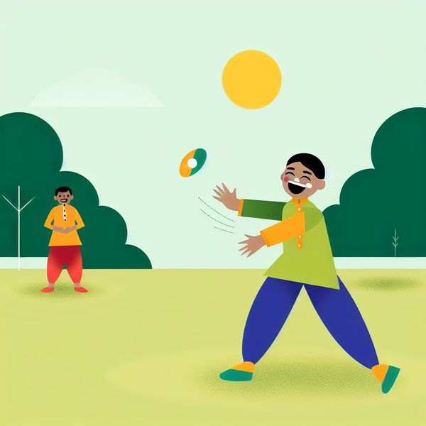 Kind gooit kleurrijke bal naar vriend in park Een kind gooit een kleurrijke bal naar een vriend in een park, met een blije gezichtsuitdrukking.