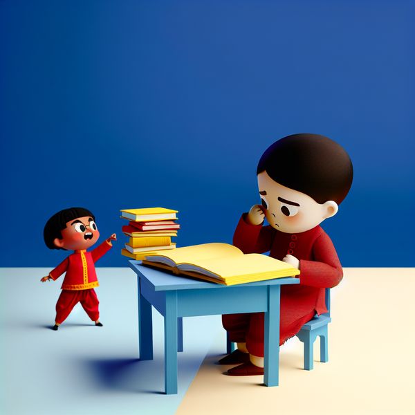 Een gefrustreerd kind zit aan een klein bureau met boeken open voor zich, terwijl een speelse broer de stapel boeken omver duwt.