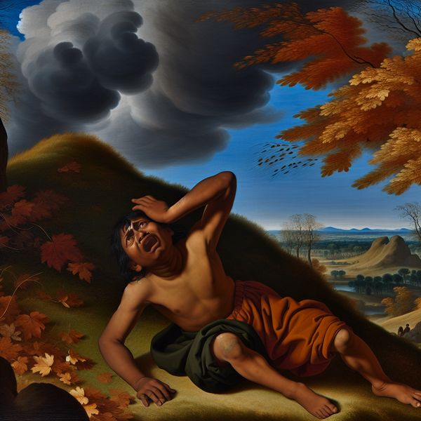 Kind dat huilt om pijn na een val in dramatisch landschap Een jong kind dat op een grassige heuvel zit, met een uitdrukking van verdriet na een val, omringd door vallende herfstbladeren onder een dramatische lucht.