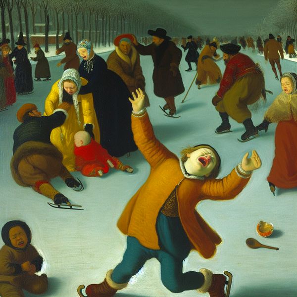 Kind jammert om aandacht in winterse taferelen - Nederlandse uitdrukking 'jammeren' Klein kind jammert luid met gebroken speelgoed op een bevroren kanaal terwijl anderen schaatsen en spelen in een levendige winterse scène in de stijl van Hendrick Avercamp