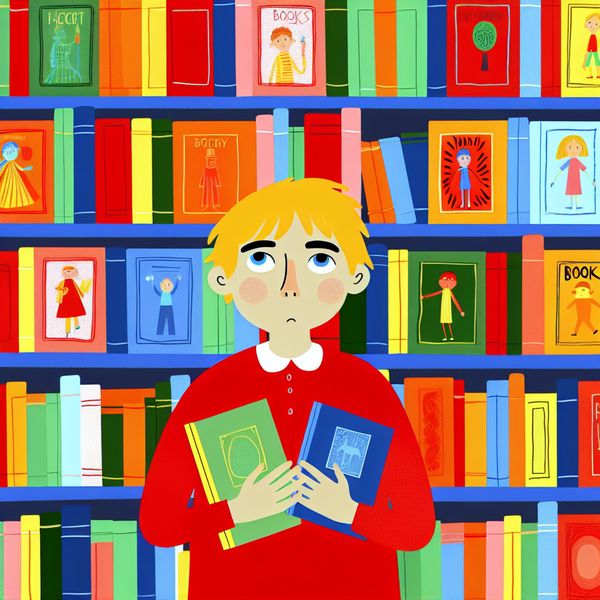 Kind kiest uit kleurrijke boeken in de bibliotheek Een kind met een nadenkende uitdrukking staat voor een kleurrijke bibliotheek vol boeken op planken, met twee heldere boeken in de hand.
