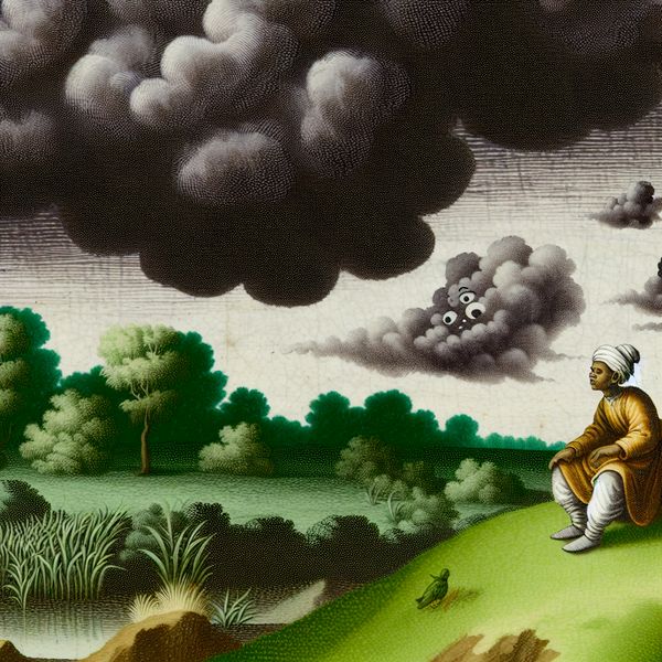 Kind Klagen Over Honger Onder Dramaatise Lucht Een kind zit op een grasheuvel, kijkt naar een dramatische lucht vol zware wolken en houdt zich zijn buik vast terwijl hij klaagt over honger met spraakballonnen boven zijn hoofd.