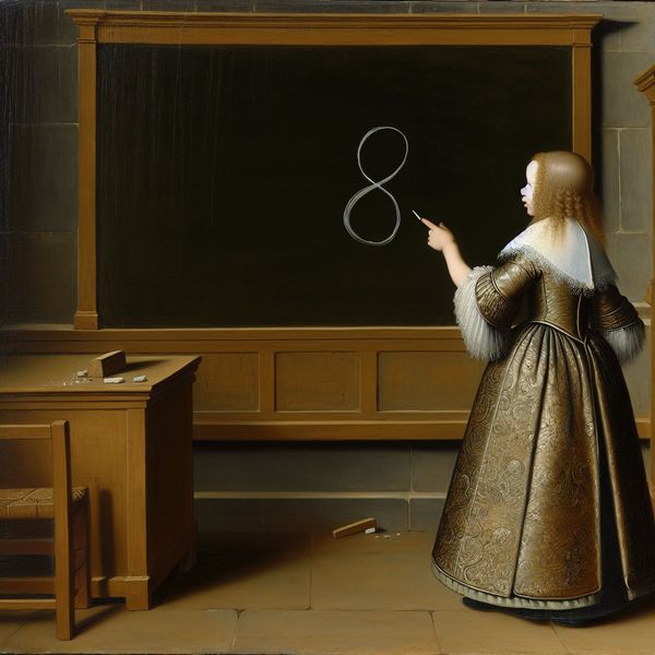 Kind leert cijfer 8 schrijven in historische rekenles 17e-eeuws Nederlands klaslokaal waar een kind het cijfer 8 op een schoolbord aanwijst tijdens een rekenles