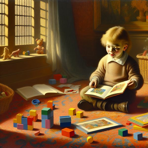 Kind leest prentenboek in gezellige woonkamer Kind dat gefocust een prentenboek leest in een gezellige woonkamer, omringd door educatief speelgoed.