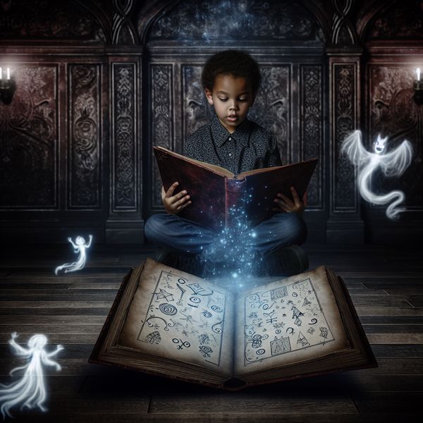 Kind Leest Toverboek Vol Magische Verhalen Een kind dat in een groot, oud toverboek leest terwijl mythische wezens om hem heen zweven.