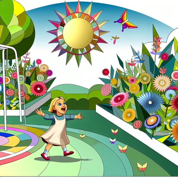 Kind leert lopen in tuin met bloemen Een klein kind leert lopen in een kleurrijke tuin vol bloemen en vormen.