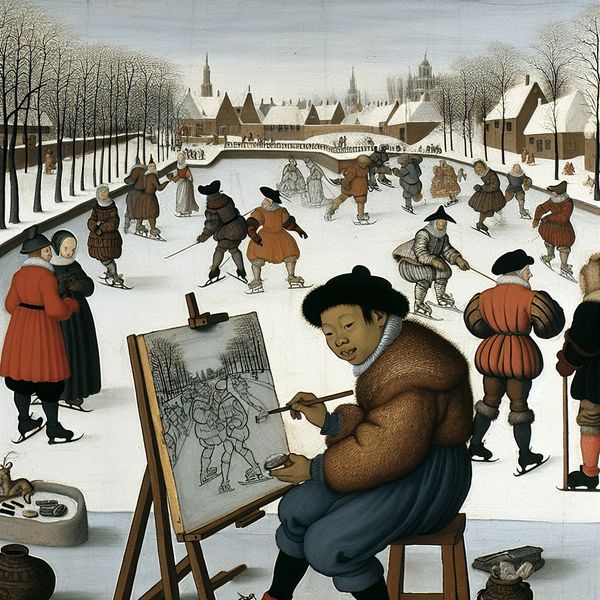 Natuurlijke aanleg voor tekenen bij een kind in een winterse schaatsscène Jong kind tekent met natuurlijke aanleg een gedetailleerd winterlandschap op een schaatsvijver in de stijl van Hendrick Avercamp