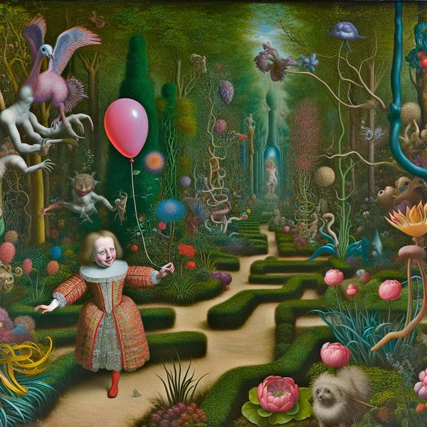 Een jong meisje in een surrealistische tuin met een felgekleurde ballon, omringd door fantasierijke planten en wezens