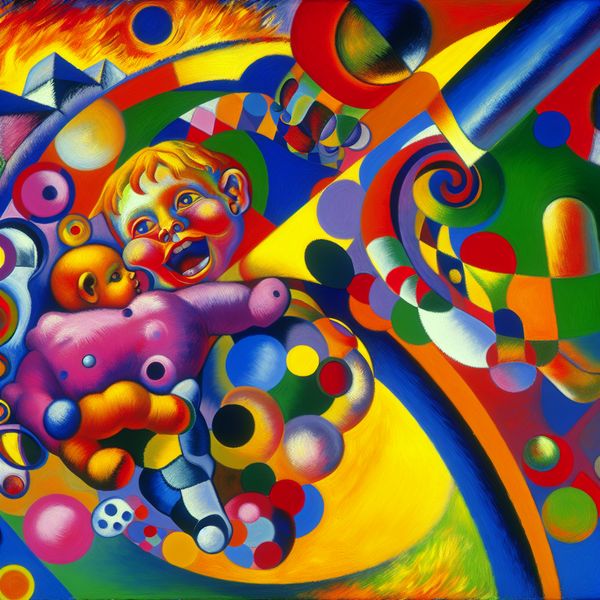 Kind met kleurrijke knuffel in abstracte stijl Een kind omarmt een kleurrijke knuffel onder zijn arm in een abstracte achtergrond vol met gedurfde vormen en levendige kleuren.