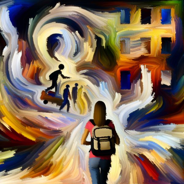 Kind met Rugtas Symbool van Plicht en Verantwoordelijkheid Abstract expressionistisch schilderij van een kind met een rugtas dat vastberaden klaar is om naar school te gaan, omringd door chaotische en kleurrijke penseelstreken.