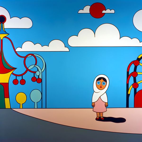 Minimalistische illustratie van een kind dat met verwondering staat bij de ingang van een kleurrijk sprookjesachtig pretpark, in de stijl van Dick Bruna