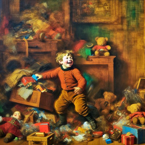 Barokke voorstelling van een kind dat spontaan een rommelige slaapkamer opruimt, geïnspireerd op Peter Paul Rubens