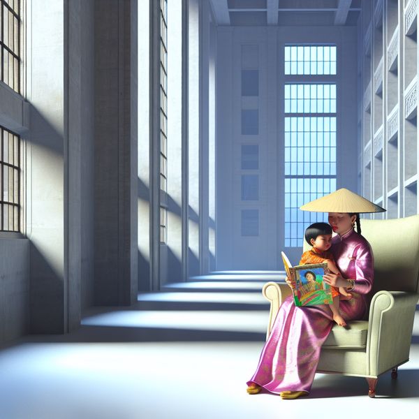 Hyperrealistisch schilderij van een kind dat op de schoot van zijn moeder zit terwijl ze samen een kleurrijk prentenboek lezen in een zacht verlichte, surrealistische kamer