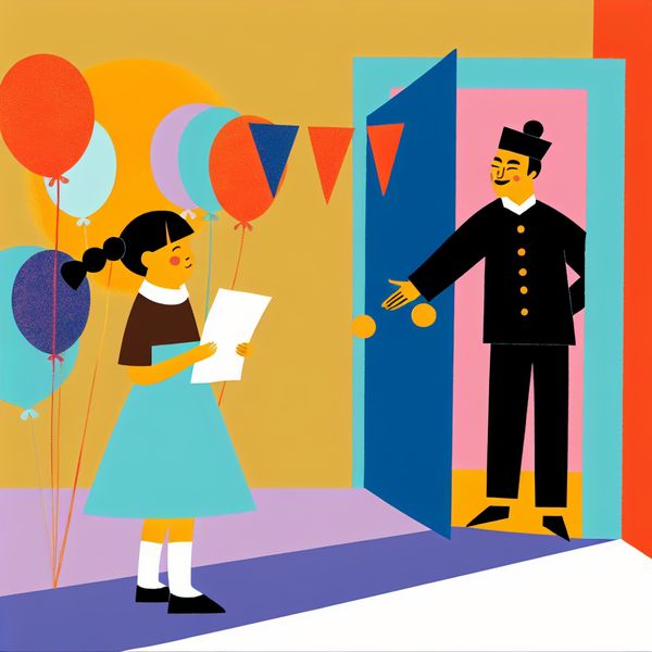 Kind kijkt naar ouder bij kleurrijk feest Een kind staat bij de ingang van een kleurrijk feest, kijkt naar een ouder met huiswerk.