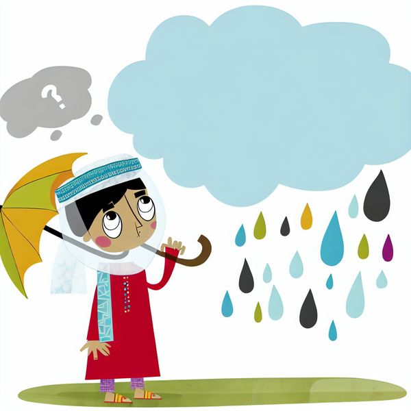 Kind met paraplu in de regen - nieuwsgierigheid over het weer Een speelse en kleurrijke illustratie van een kind met een paraplu onder een regenachtige lucht, kijkend naar boven met vraagtekens in een denkbubbel.