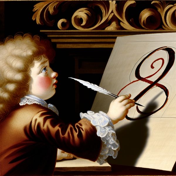 Kind schrijft het cijfer 8 met ganzenveer - barokke illustratie voor rekenen en tellen Barokke illustratie van een kind dat met een ganzenveer het cijfer 8 schrijft op perkament, met klassieke details en dramatische belichting