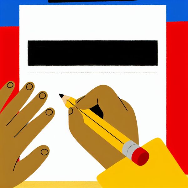 Kind leert schrijven op een lijn - educatieve illustratie voor taalontwikkeling Minimalistische illustratie van een kinderhand die een potlood vasthoudt, klaar om op een regel te schrijven, in stijl van Dick Bruna