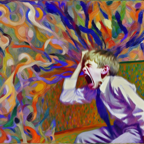 Kind Slaat Hoofd Tegen Kleurige Muur - Vervelend Gedrag Een gefrustreerd kind slaat herhaaldelijk met zijn hoofd tegen een kleurige muur vol abstracte vormen, wat zijn emotionele worsteling weergeeft.