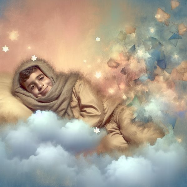 Dromerige scène van een slapend kind op een wolk Een jong kind dat vredig slaapt op een zachte, pluizige wolk omringd door dromerige elementen zoals sterren en pasteltinten.