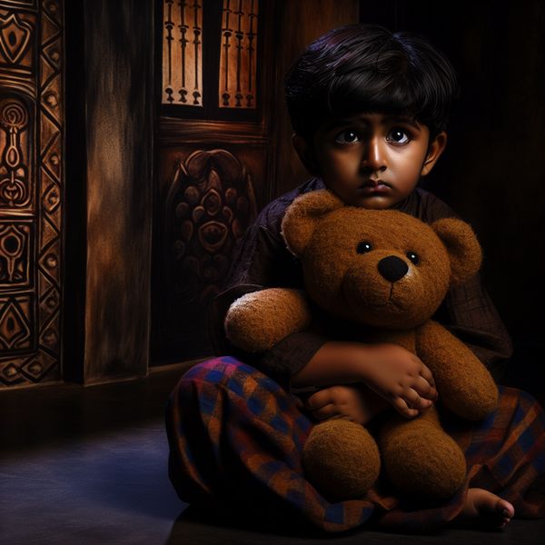 Kind met teddybeer - Symbool van troost en veiligheid Een kind in een donkere kamer houdt een teddybeer vast, met een trieste blik op het gezicht.