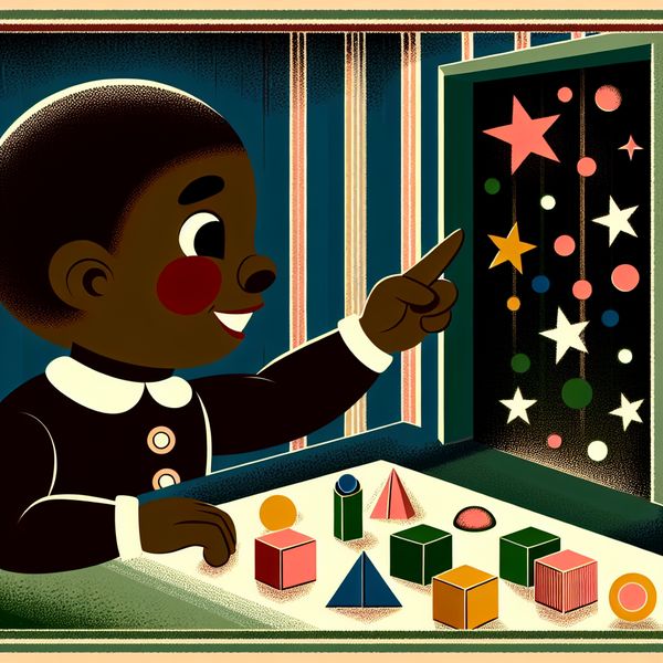 Een kind dat kleurrijke objecten telt in een retro-futuristische klas Een kind telt kleurrijke blokken en sterren in een retro-futuristisch klaslokaal.