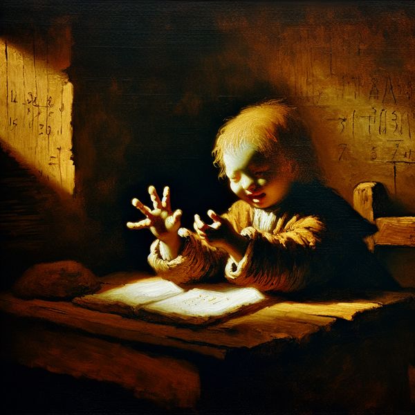 Jong kind telt op vingers in dramatisch licht, Rembrandt-stijl schilderij over het getal tien