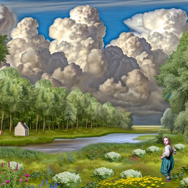 Een jong kind staat verontrust aan de oever van een schilderachtige rivier, omgeven door groene bomen en wilde bloemen, kijkend naar een nabijgelegen toiletgebouw.