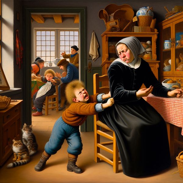 Een jonge kind trekt aan de mouw van een volwassene in een levendige, chaotische huiskamer, met frustratie en wanhoop op het gezicht van het kind en mild geërgerde uitdrukking van de volwassene.