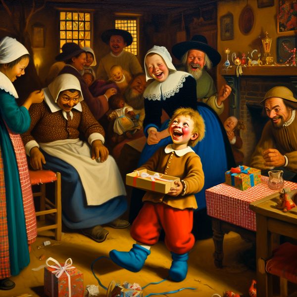 Kind Verrast met Geschenk in een Gezellige Huishoudelijke Setting Een klein kind verrast met het openen van een geschenk, omringd door lachende familieleden in een sfeervolle kamer.