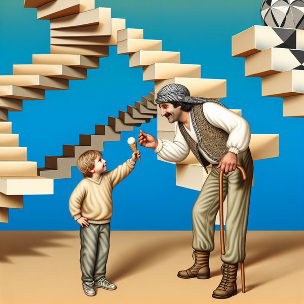 Surrealistisch tafereel in de stijl van M.C. Escher met een kind dat 'Papa, mag ik een ijsje?' vraagt aan zijn vader, omringd door optische illusies en geometrische patronen