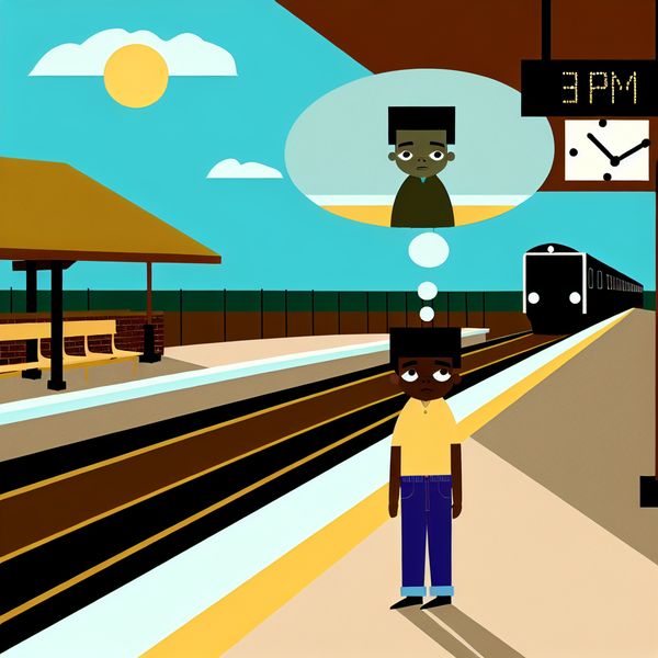 Kind wacht op trein: illustratie van 'later dan nu' en toekomst Minimalistische illustratie van een kind op een treinstation dat wacht op een trein die later aankomt, met een gedachtewolk die de toekomstige aankomsttijd toont