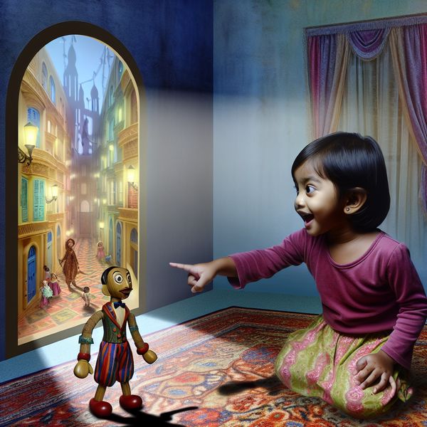 Kindertaal en speelse symboliek: hyperrealistisch tafereel met kind en poppetje Jong kind wijst lachend naar een houten poppetje op een kleurrijk vloerkleed in een surrealistische kinderkamer met dromerig uitzicht