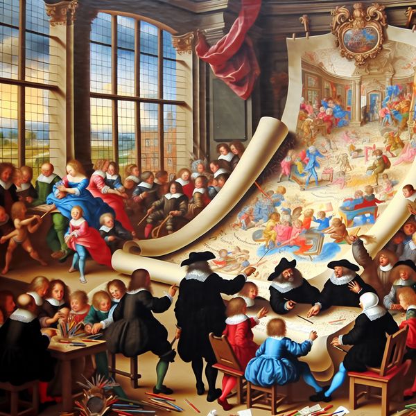 Kinderen Bespreken Creatief Project Over Verdragje Een groep kinderen die een kleurrijke rol bespreken in een grote Barokke klas met kunstmaterialen.