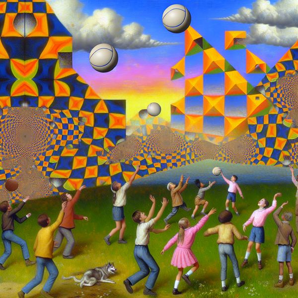 Vrolijke kinderen spelen met een bommel bal in een surrealistisch landschap Kinderen spelen buiten met een zachte bommel bal, omgeven door een surrealistisch landschap met geometrische patronen.