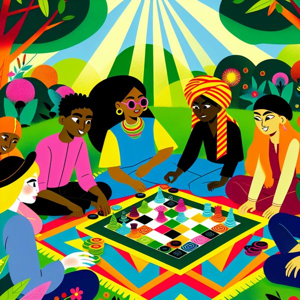 Een groep kinderen speelt enthousiast een bordspel op een kleurrijk picknickkleed in een weelderige tuin, omringd door bloemen en bomen.