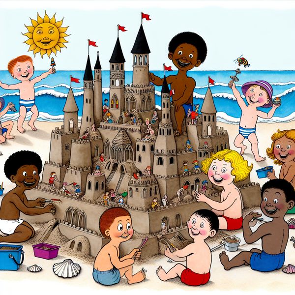 Groep vrolijke kinderen bouwt een gedetailleerd middeleeuws zandkasteel op het strand met torens, bruggen en vlaggen