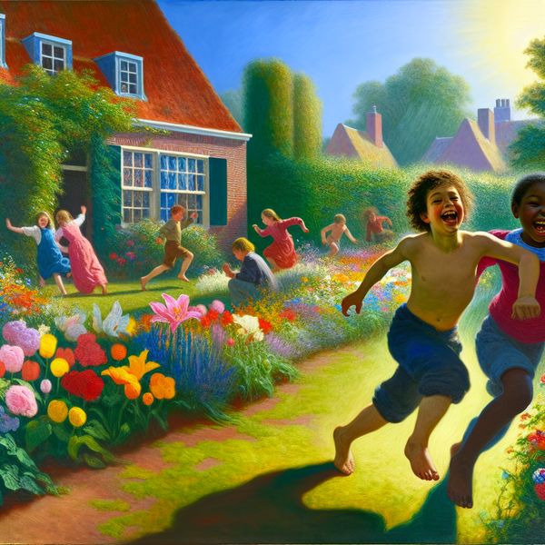 Speelse Kinderen in een Bloementuin Kinderen spelen in een kleurrijke bloementuin onder de zon, met een huis op de achtergrond.