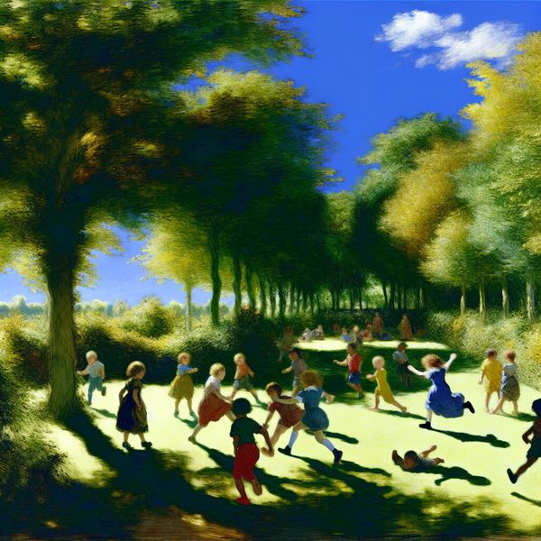 Kinderen spelen vrolijk in een groene tuin onder een blauwe lucht, geïnspireerd door Rembrandt.