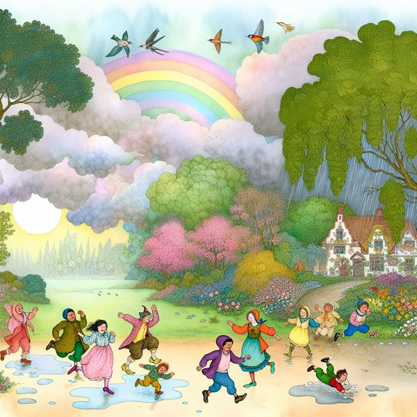 Duidelijke Lucht na Regen met Blijvende Kinderen Kinderen rennen buiten en spatten in plassen onder een opklarende lucht met een regenboog, omringd door groen.
