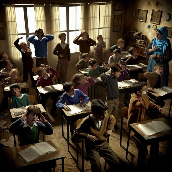 Kinderen in een chaotisch klaslokaal Een chaotische klaslokaal scène met kinderen die onrustig en gefrustreerd zijn, een leraar die overweldigd is.