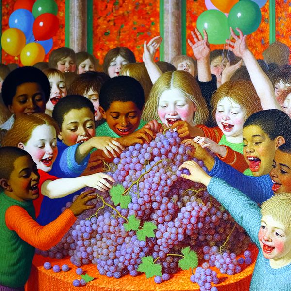 Blije kinderen genieten van druiven op een feest Een schilderij van kinderen die blij druiven eten op een verjaardagsfeestje, omringd door ballonnen en slingers.