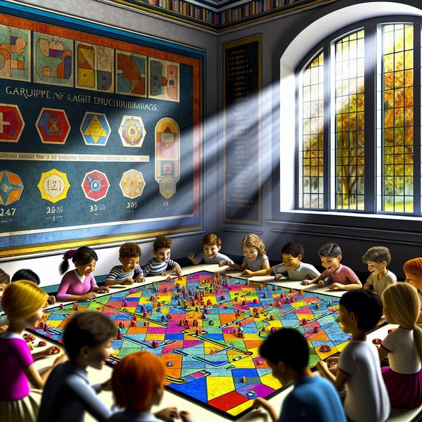 Educatieve spelletjes voor kinderen in de klas Kinderen in een klaslokaal spelen een educatief spel om wiskunde te leren, ze zijn enthousiast en samenwerken rondom een kleurrijk spelbord