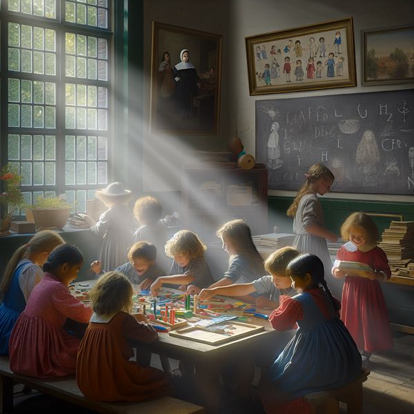 Gelukkige kinderen spelen educatieve spelletjes in de klas Groep kinderen in een zonnige klaslokaal, spelend met educatieve bordspellen en puzzels.